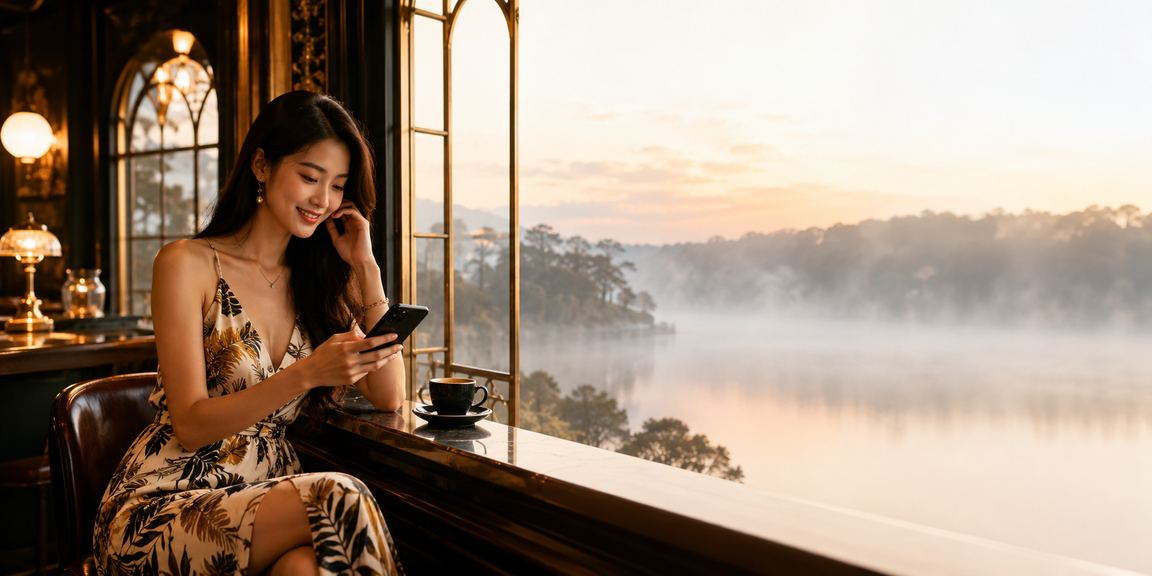 Người dùng Đà Lạt chơi casino trực tuyến trên điện thoại bên cửa sổ sương mù